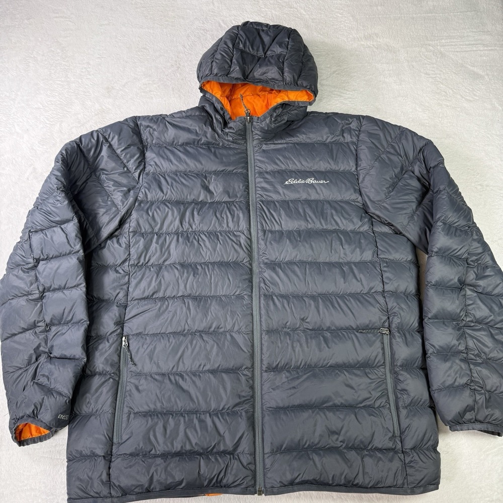 Eddie Bauer Jacket Men's Large Navy Gray EB650 Fill Down Puffer Hooded